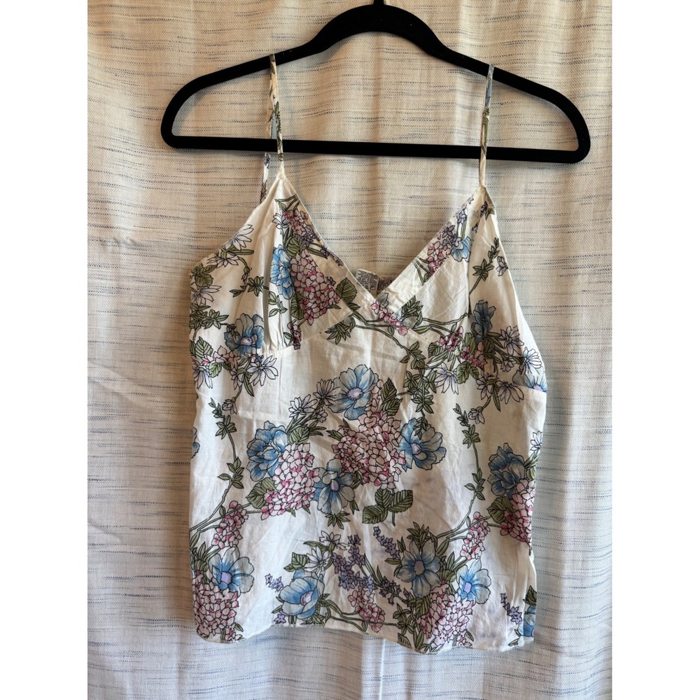 American Rag Floral Cotton Cami Top Blue Pink Side Button V-Neck Womens Medium